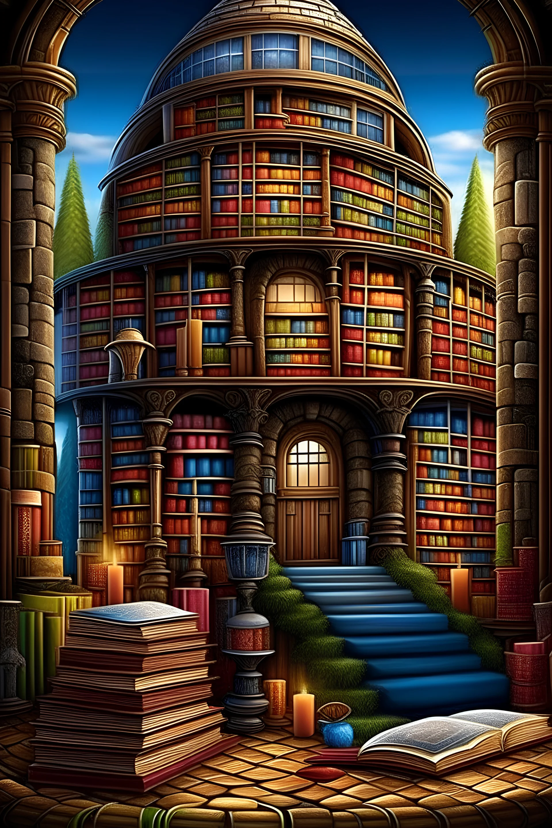 Librarian home, made out of books, a storybook illustration by Jacek Yerka, shutterstock contest winner, magical realism, storybook illustration, matte painting, whimsical, Stack of Books, librarian