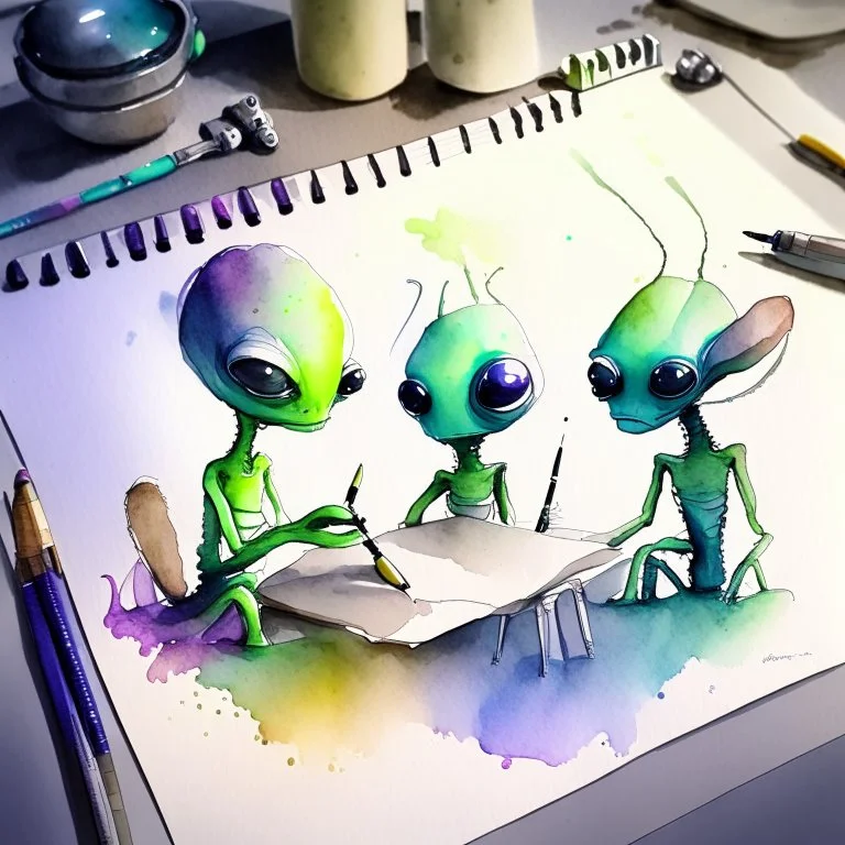 create some aliens doing daily task work, watercolour painting