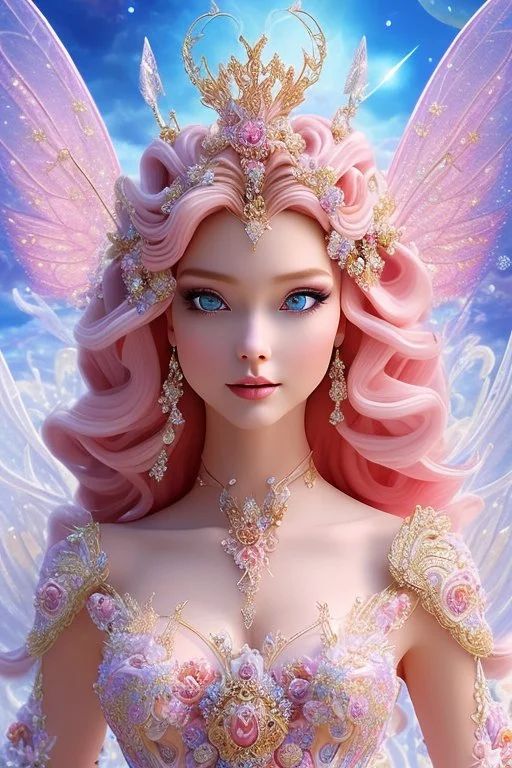 Magnifique woman, lady fairy, facing happy, voluptuous white, pink enchanted flowers, wings magic, long big dress, pink outerspace stars planets, Beautyful smiling, young woman, long hair amazing blue eyes, flowers, happy cosmic, bright colors, blue, pink, gold, jewels, realistic, photo real, clear sunny background, highly detailed, high contrast, 8k high definition, unreal engine 5, extremely sharp detail, light effect, sunny light background