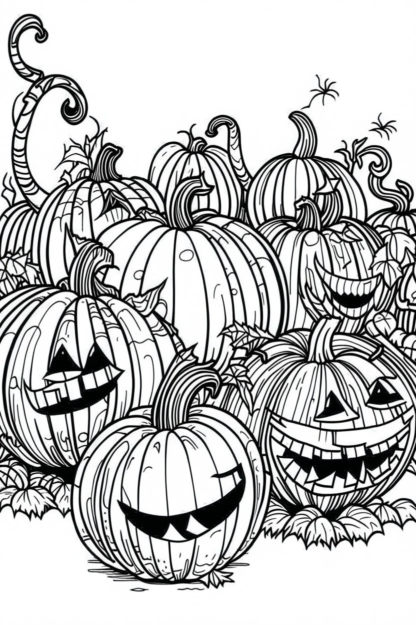 A spooky pumpkin patch with Jack-o'-lanterns of different sizes and expressions.. Outline, sketch style, only use outline, mandala style, clean line art, white background, no shadows, no clear wall, coloring page.