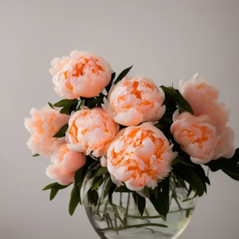 cinematic shot of peonies made from peach tulle in a glass bowl, warm lighting, soft lighting, sunbeam, linen