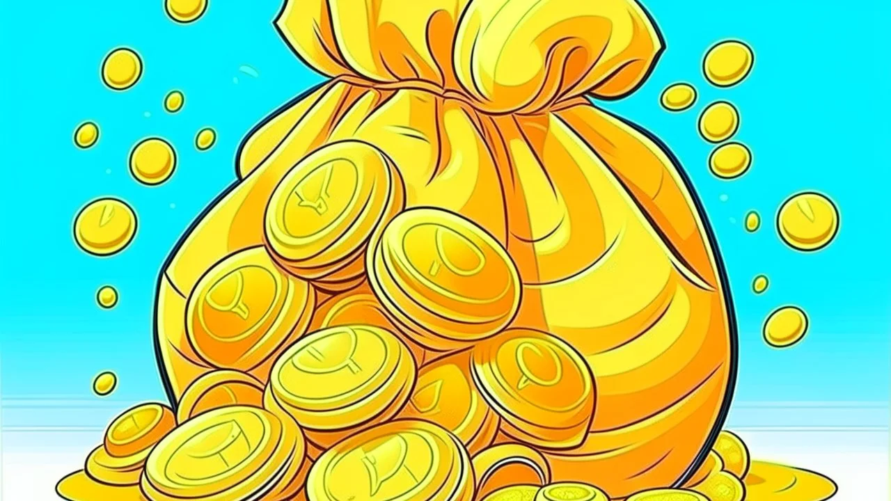 fantasy cartoon style illustration: golden coins in a sack