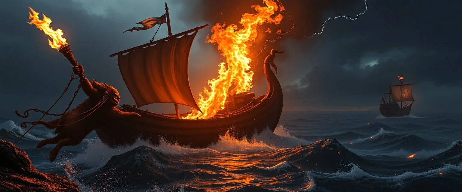 “With torch in hand, he set ablaze the vessel of his kin, His smile widening to a grin most infernal. Dareth and Lyssa beheld his shadow, immense and dread, An aura of silent thunder and chain-lightning encircling him.”