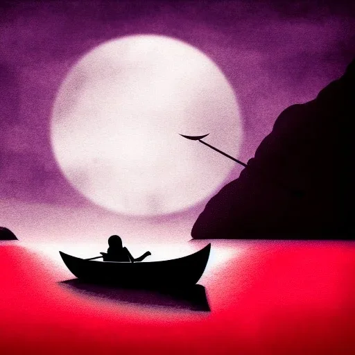 Charon in his boat on the river Styx, red black purple colours, 8k, high definition, fantasy art, winding river, sharp jagged rocks, high contrast colours, sharp colours