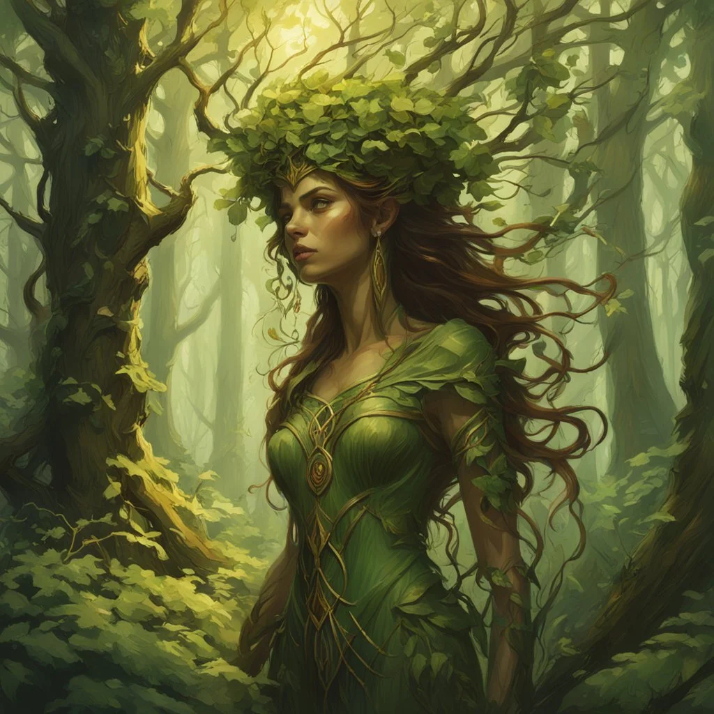 Peter Mohrbacher, forest dryad enchantress , with highly detailed, sharply lined facial features, in the deep forest of Brokilon in rustic woodland colors, 4k