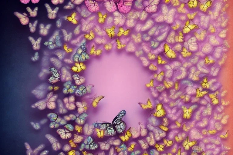 opening to the soft pink and blue crystal rise of butterflies on gold background