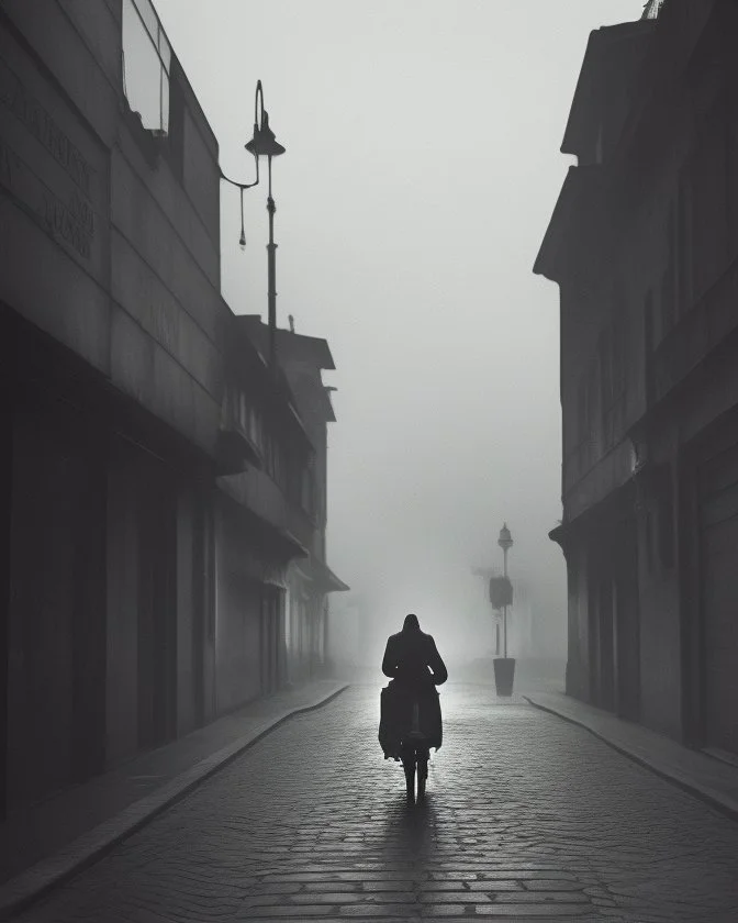 Dark street life creepy fog colours strong texture ombre all'ingresso nightmare 8k artistic Photography volumetric light, Yves Tanguy