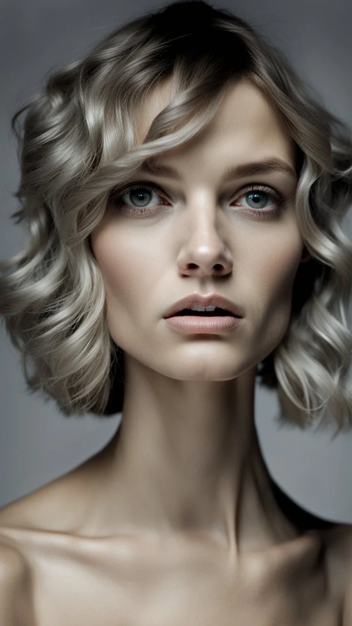 photography of a beautiful anorexic woman, silver satin top, sports illustrated, silver slip, short wavy bob haircut