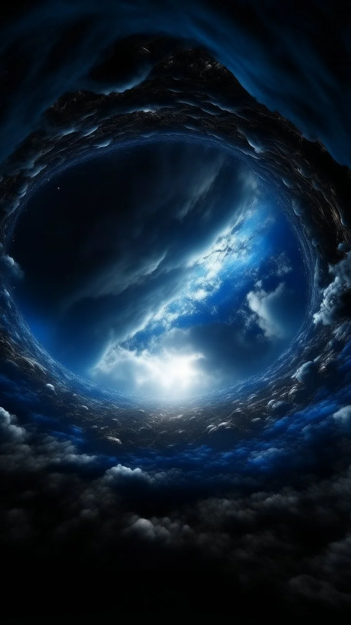Earth view from a distance, a lot of Intelsats orbiting around Earth, Hole apocalypse wipes out Universe. Cold blue cloudy hole collision a shape of devilish dark body with hood in the hole like sucked in side Epic galaxy , Cinematic interstellar
