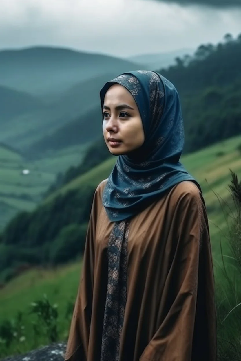 Wanita Indonesia cantik muslimah berdiri di tepi bukit saat hujan deras sendiri