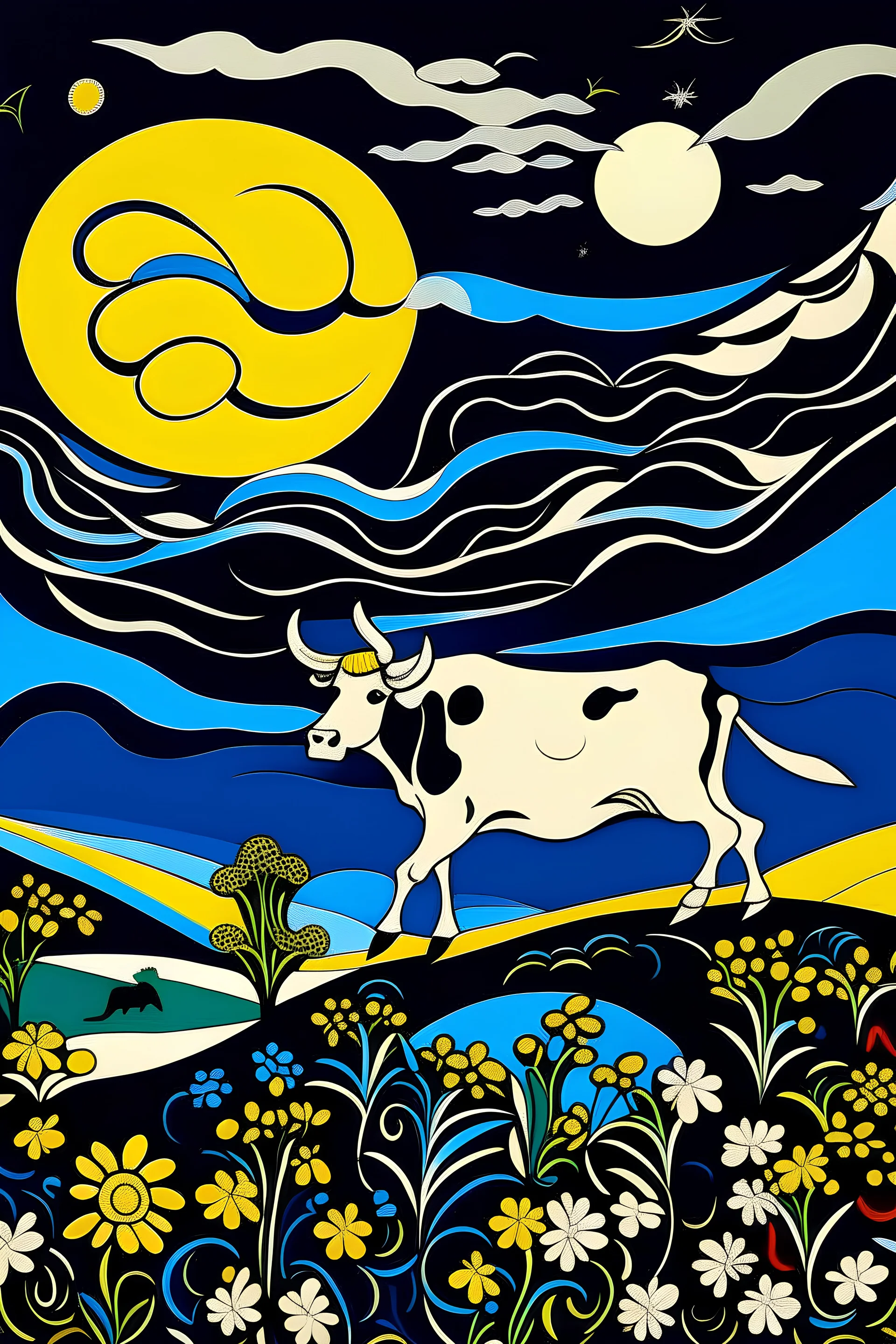 una vaca saltando en la llanura pampeana argentina bajo una luna brillante al estilo de Henri Matisse