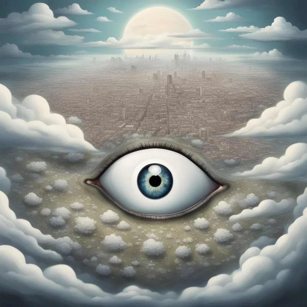 A surrealistic landscape of a dreamlike world. There's a giant eye with a tiny person standing on its iris. The eye is surrounded by clouds. In the background, there's a city with buildings that resemble teeth. The ground is covered with small, white flowers.