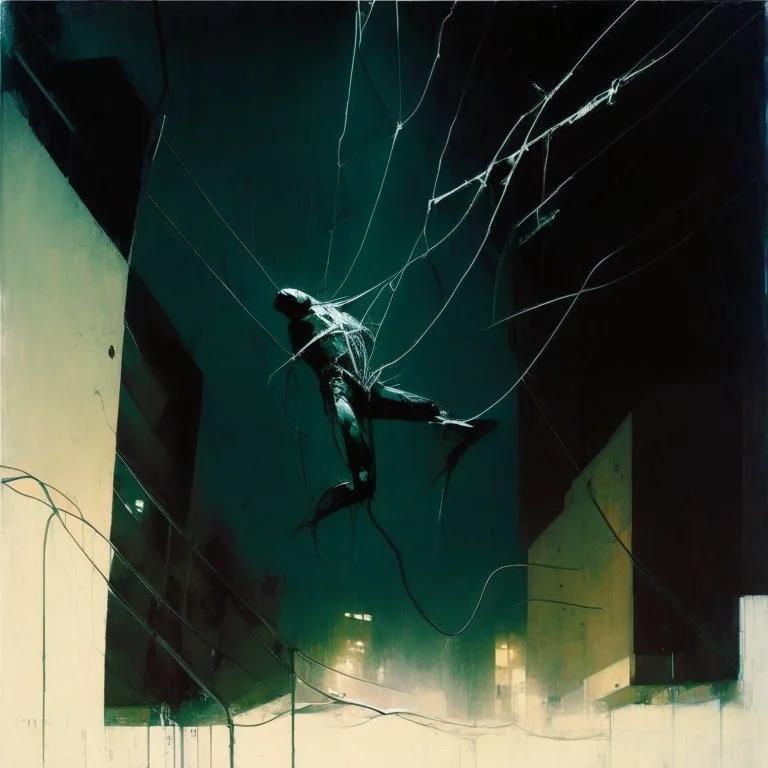 Minimal abstract oil painting of a falling person limbs sinew. Amongst concrete fragments architecture and hanging wires illuminated at night. In the style of Justin Mortimer and Phil Hale and Ashley Wood