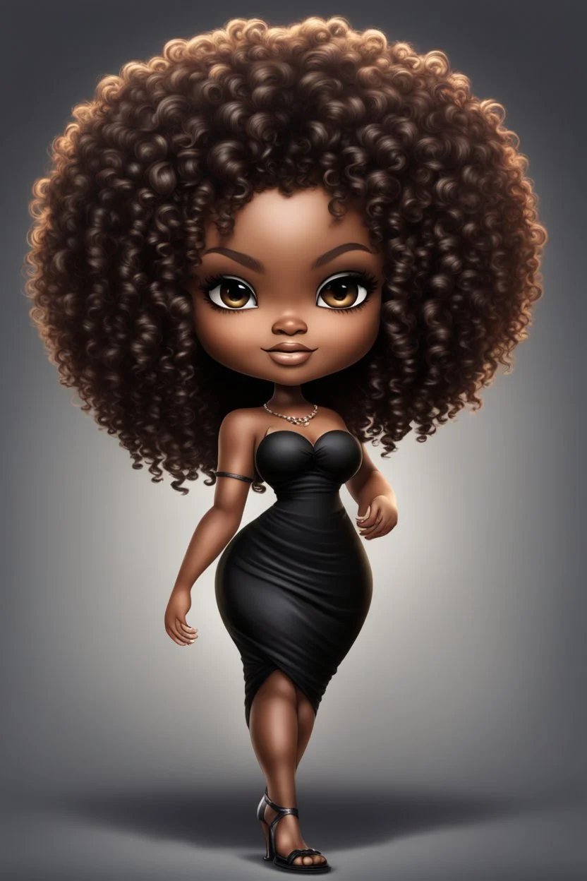 create a digital airbrush image of a chibi curvy black female wearing a black maxi dress and black sandals. Prominent make up with brown eyes. Highly detailed wild tight curly afro.