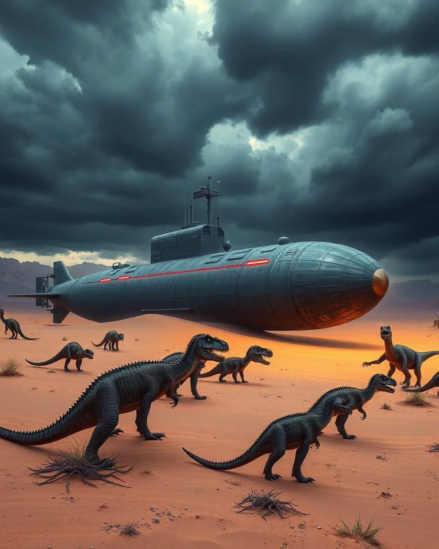 A nuclear submarine left in the desert with sands T rex dinosaurs are on it and around it and stormy clouds ,