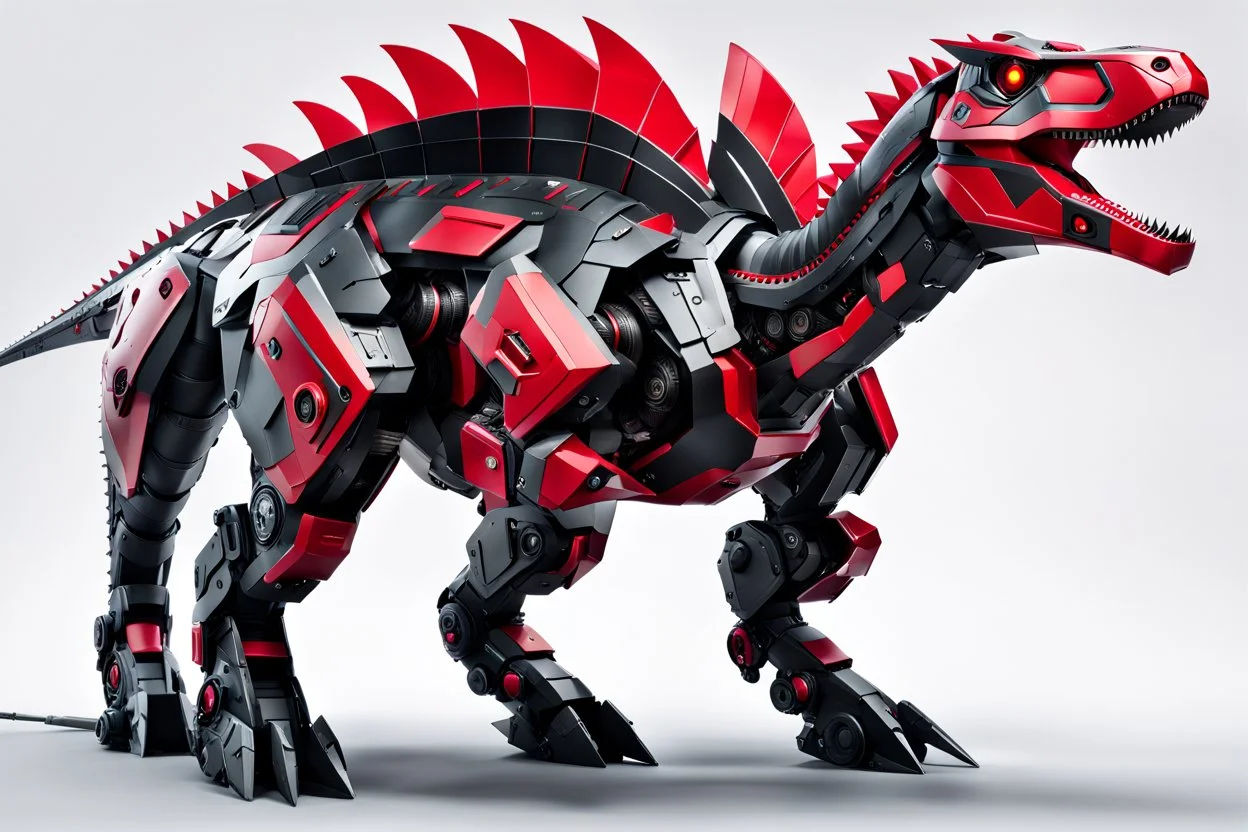 big dinosaur robot with black and red color schemes, in the style of fairy academia, hard-edge style, agfa vista, dynamic pose, oshare kei, hurufiyya, rtx, close picture, intricate details, highly detailed, high details, detailed portrait, masterpiece,ultra detailed, ultra quality