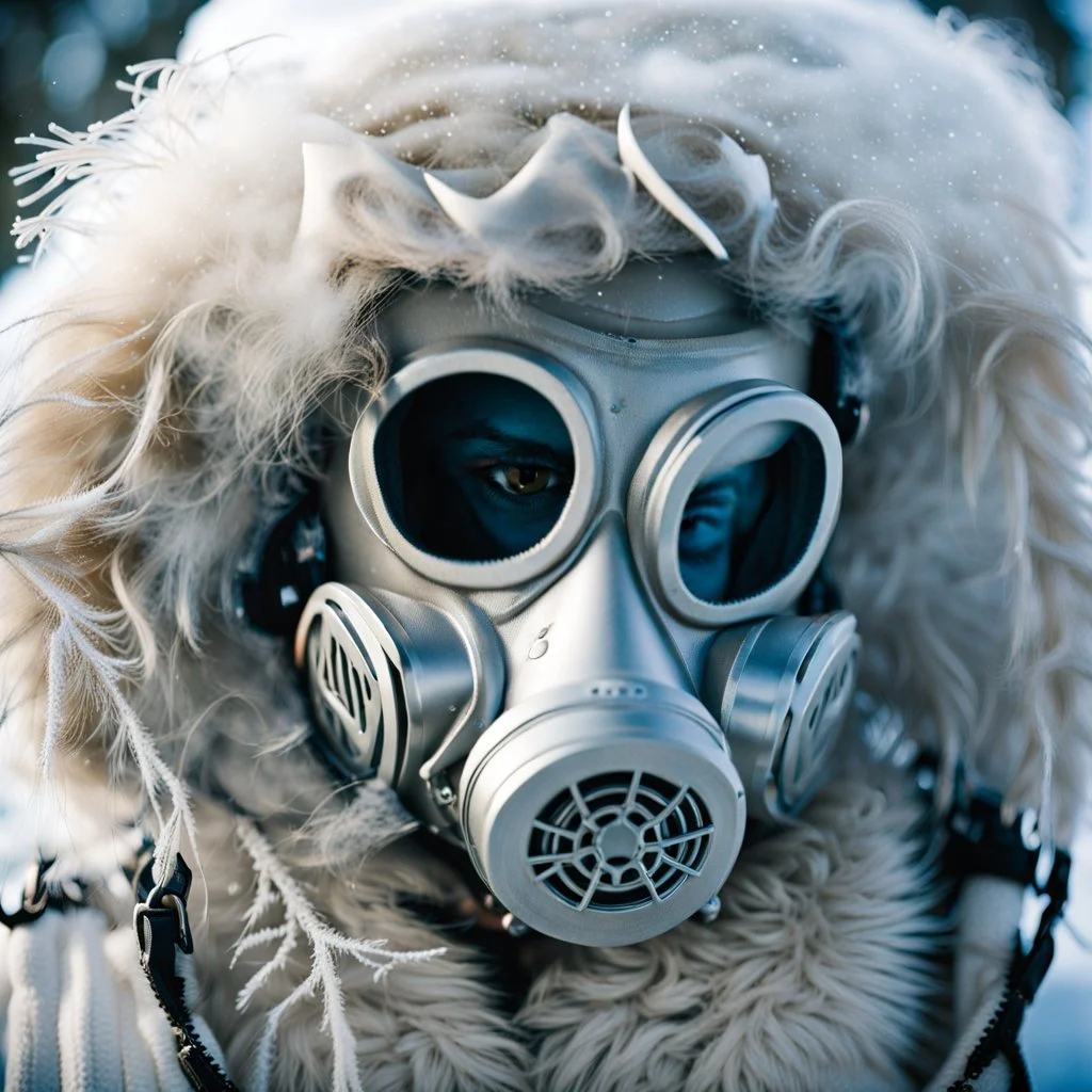 close up documentary photography, Yeti In a Respirator, Extreme depth of field, bokeh blur, winter, Alberta, all-natural, in the style of candid, imperfection, natural lighting, light-focused, amateur shot, shot on Agfa, taken with Hasselblad --ar 4:5 --w 150 --style raw