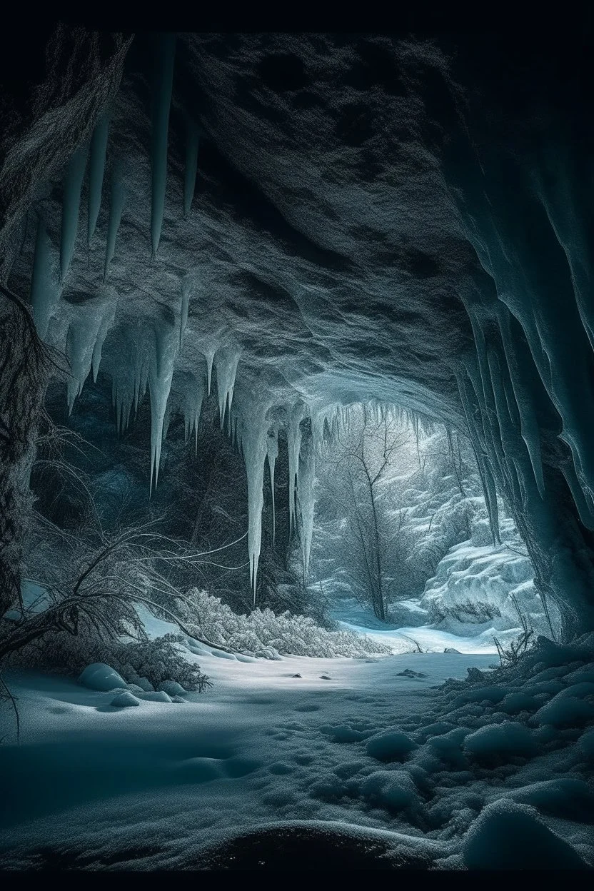 A super high-resolution 2 terapixel photograph of cave in January. The scene captures the intricate frost formations on the cave entrances and the surrounding trees, with a gentle snowfall adding to the winter wonderland effect. The dim winter light creates a mystical ambiance around the cave formations. Captured with a Nikon Z7 II and a 24-70mm f/2.8 lens, focusing on the serene, frozen beauty of the park.