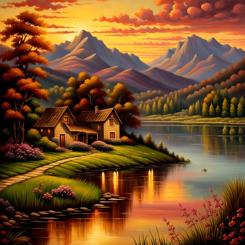 An exquisite oil painting capturing a dreamlike paradise, with a charming little farmhouse nestled by a calm lake. The farmhouse, with its rustic appeal, contrasts against the serene water, surrounded by a lush, verdant forest and rolling hills. The background unfolds into a dramatic landscape, featuring towering mountains and a stunning sunset sky that casts warm, vibrant hues across the scene. The artist's mastery is evident in the seamless blend of traditional oil painting techniques with the