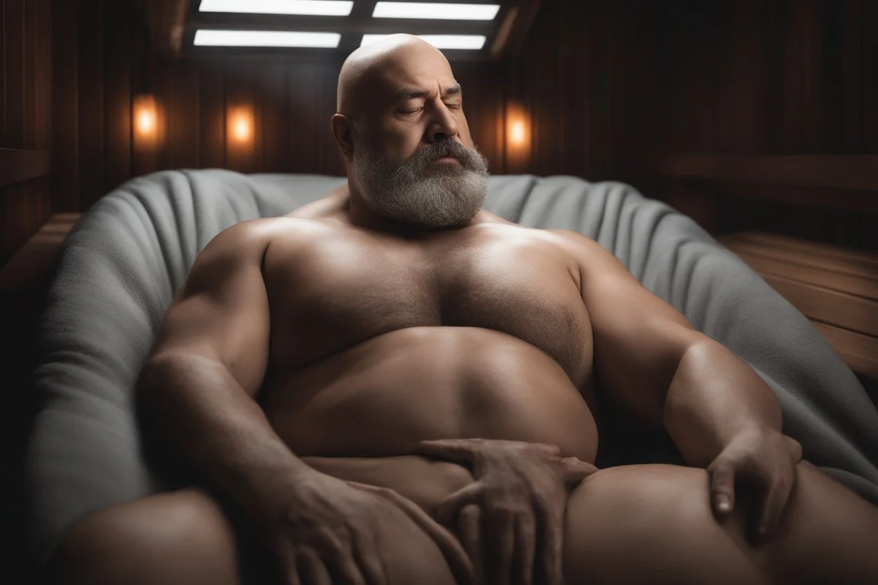 half body shot photography, two muscular chubby ugly burly marocan men , bulge, masculine hairy 54 year old man, bald, currly beard ,big shoulders, big arms, big legs, bulge,, ambient occlusion , lying down sleeping in a steamy Sauna, super high resolution, 8k, dim light, side light, ultra hyper realistic, frontal view