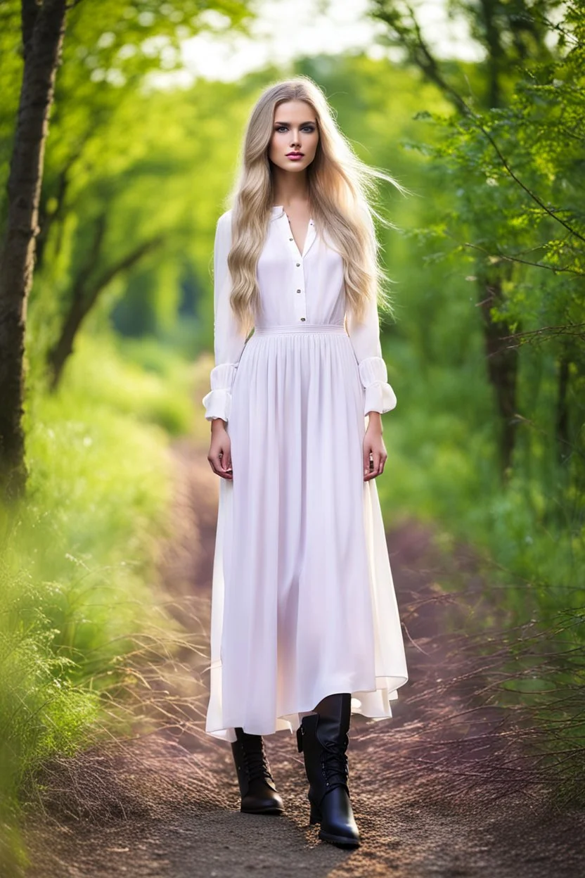 full body standing beautiful 20 year old girl with ash blonde hair and blue eyes with her long hair down, wearing a white sleeved shirt and nice sarifon dress, and lilac long leggings, with long black boots full body shot,country side among trees