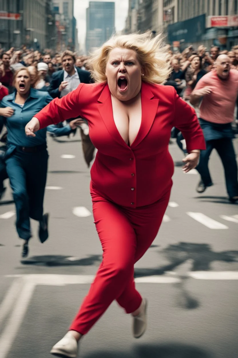 an obese terrified blonde woman in a red pant suit desperately running away from an angry mob of hundreds of people chasing her from a city block behind