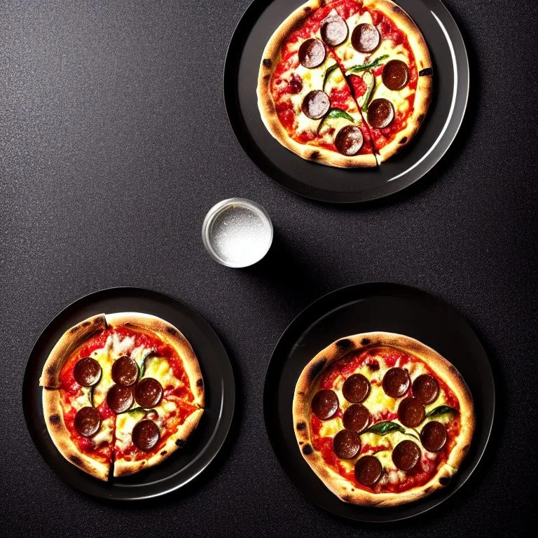 pizza on plate, coca cola glass, black background