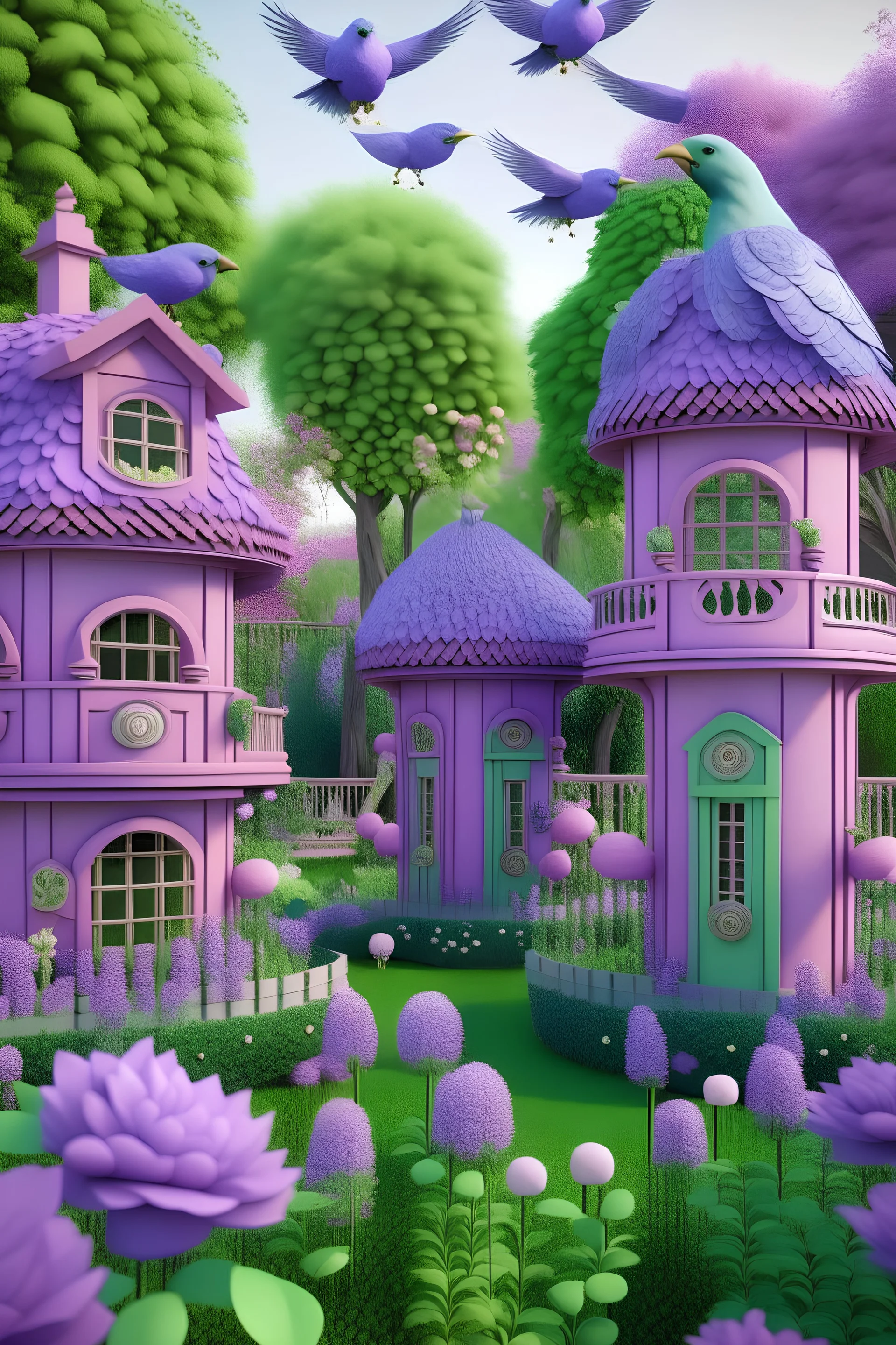 garden with lilac birdhouses and parrots 8k