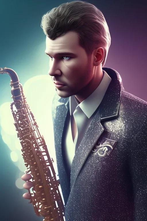 saxophone player, white man, big hair, blade runner, volumetric lighting, particals, intricate detail,realistic, close up