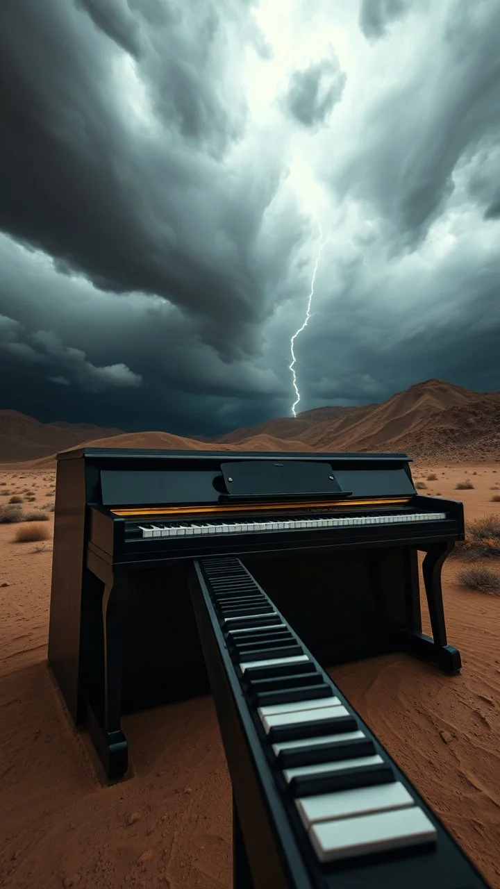 A big black piano in the middle of a stormy wether in the desert, camera looks from the button up to the top of the piano , surreal a highly quality 8k photo