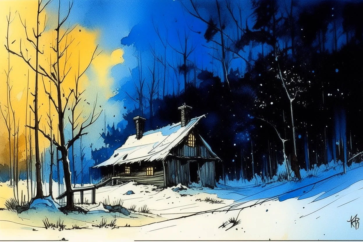 create in ink wash and watercolor of a snowbound cabin at night surrounded by deep drifts and overshadowed by looming trees in the comic book art style of Mike Mignola, Bill Sienkiewicz and Jean Giraud Moebius, highly detailed, grainy, gritty textures, dramatic natural lighting