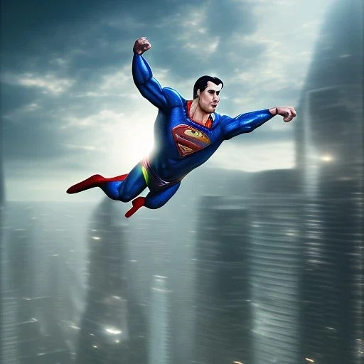 Superman flying, dramatic, cityscape background, dramatic lighting, volumetric lighting, hyperrealisme, 8k, high quality, photorealistic, lot of details