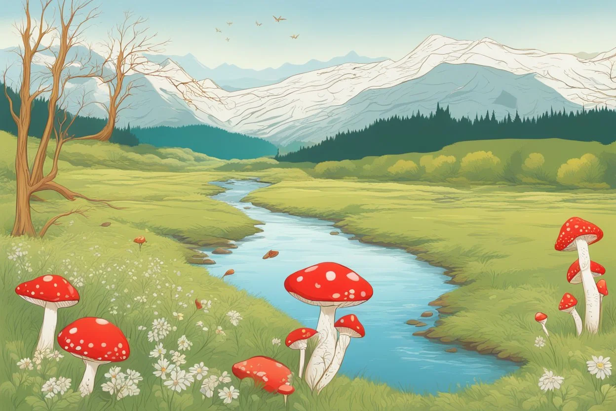 The image is divided vertically by a river, in which clocks flow instead of water. In the background are snow-covered mountains, on the left bank of the river an autumn forest with deciduous trees, and at the base of one of them a red mushroom with white spots. On the right bank of the river, a spring green meadow with wild flowers, butterflies fluttering, bunnies scurrying in sunshine. Watercolor on wet paper, soft strokes, shading pastel colors, reflection, mist, fog.