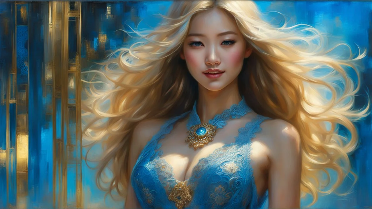 In Casey Baugh's evocative style, art of a gorgeous smiling asian goddess full body with long blonde hair, blue eyes , beautiful chest and legs, futuristic, transparent blue lace, elegant, highly detailed, majestic, Baugh's brushwork infuses the painting with a unique combination of realism and abstraction, greg rutkowski, surreal gold filigree, broken glass, (masterpiece, sidelighting, finely detailed beautiful eyes: 1.2), hdr, realistic painting, natural skin, textured skin,