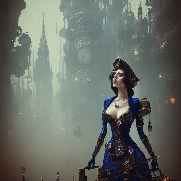 un robot steam punk gothic femme bleu fond cité perdue