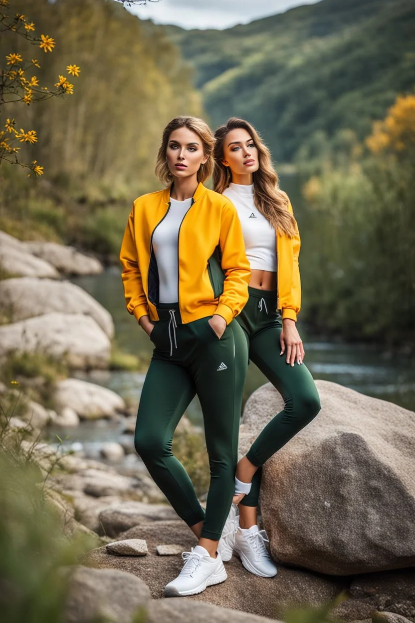 fullbody shot of young-beautiful-girl and boy-with-a-perfect-face-with-make-up-wearing- sport pants and jacket standing ,geen hills ,nice nature environment ,wild flowers,clean water river with colorfull rocks in floor