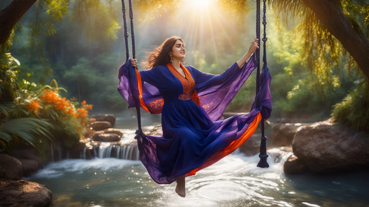 Hyper Realistic Photographic-Zoomed-View Of Young Beautiful Pashto Woman Wearing Navy-Blue-Dress-&-Purple-Shawl-With-Orange-Embroidery Happily Swinging on a Swing Above A Spring-Water inside a beautiful jungle with sun-rays showing dramatic & cinematic ambiance.