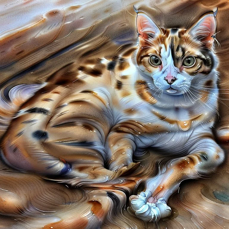 Golden ratio, ultra detailed watercolor painting, wet on wet painting, soft edges beautiful (((Masterpiece))) Create an image of a calico cat partially submerged in water, with its face and upper neck visible just above the surface. The cat has distinct patches of orange, black, and white fur, giving it a vibrant and colorful appearance. Its eyes are large and expressive, with a bright green hue that reflects the light filtering through the water. The background is a rich und