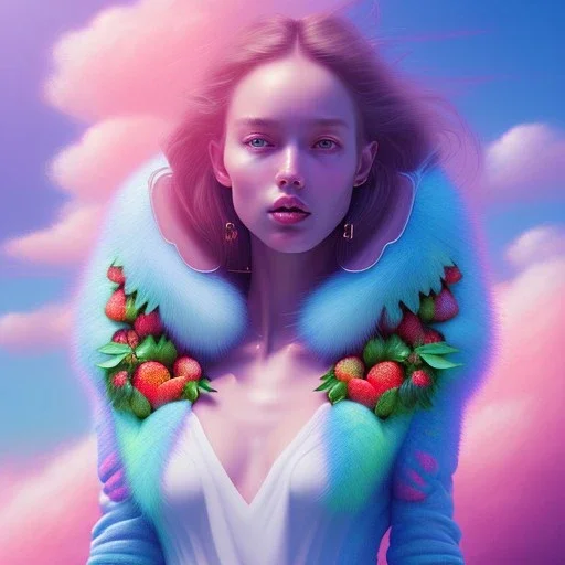 tropic landscape, white background, aerographic style,realistic painting of a beautiful girl and jar marmelade,volumetric blue clouds,pink sky environment and flying strawberries in background, volumetric lighting,dramatic lighting, detailed digital painting, extreme dense and fine fur, anime, ornate, colour-washed colors, elegant, small minutiae, tiny features, particulars, centered, smooth, sharp focus, renderman gofur render, 8k, uhd, detailed eyes, real