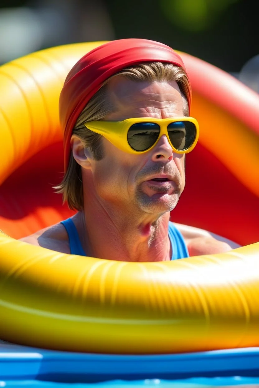 brad pitt sitting in donut swim ring with goggles on