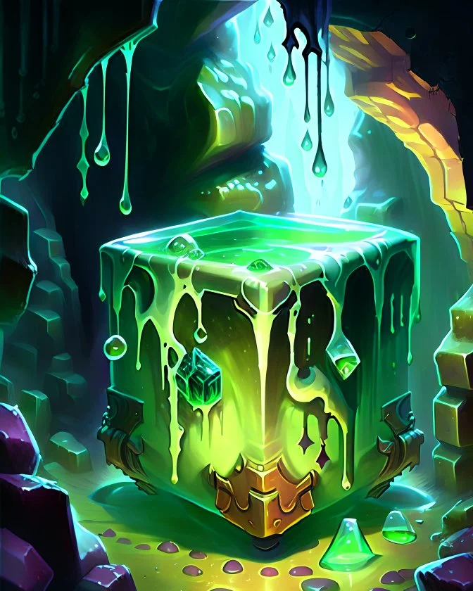 a slimy dripping gelatinous cube in vast dungeon cave room with treasure chests rpg art painterly