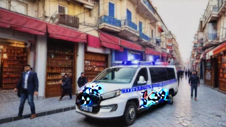 A police Tesla Cybertruck is chasing a Tesla 'Model S Plaid' at top speed, across the 'Grand Bazaar', in Istanbul, Turkey. CINEMATIC. WIDE ANGLE LENS. PHOTO REAL.