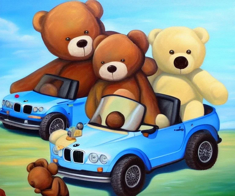 little boy and big teddy bears on moon. drifting in old bmw. oil on canvas