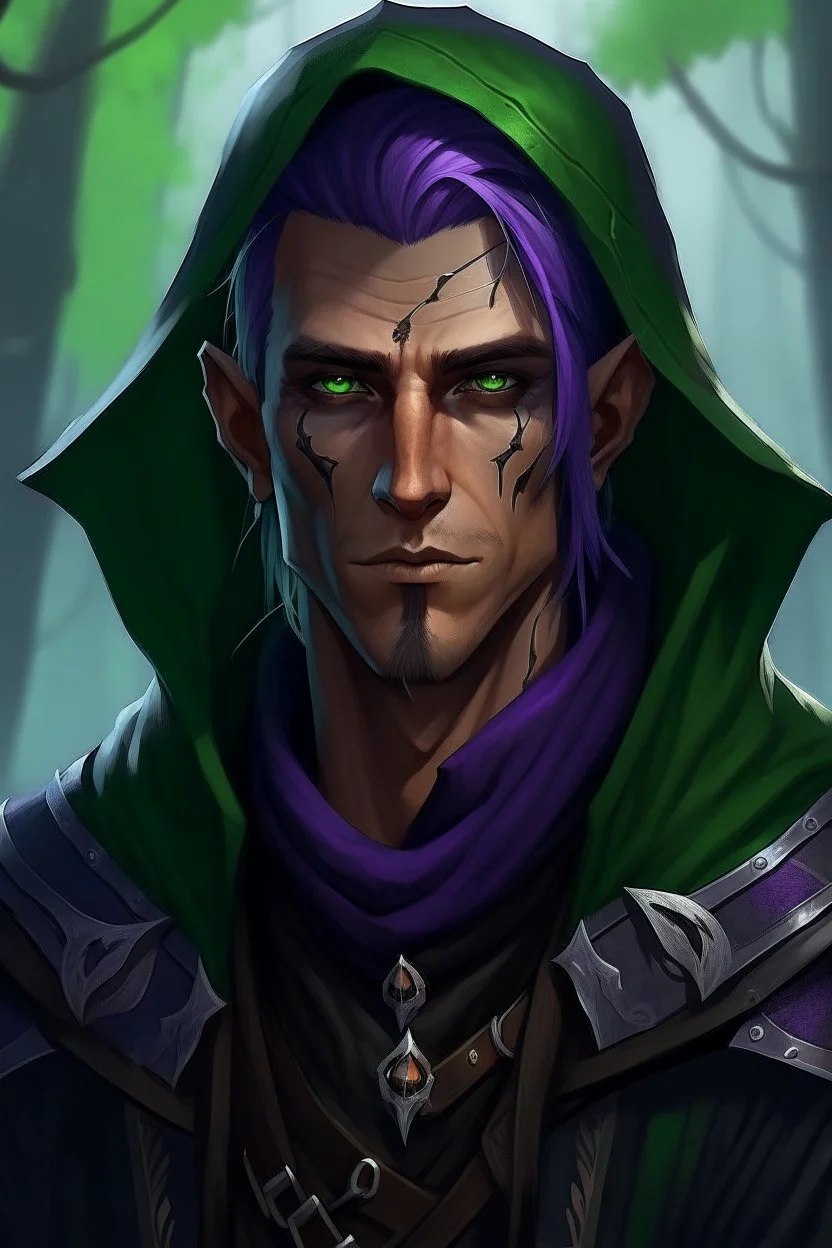 Portrait of 35 year old male rogue elf, thief assassin, purple hair, bright green eyes, brown skin, black hood, black leather armor, messy, disheveled, trees, sneaky