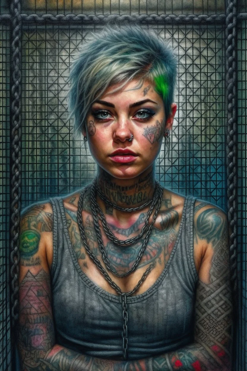 Portrait of a beautiful tattooed voluptuous terrified prisoner chained and collared in the small dim cell. Luis Royo, Jeremy Mann, hyper-detailed, hyperrealistic, digital art, detailed background, dark fantasy, cinematic, vibrant pastel colours