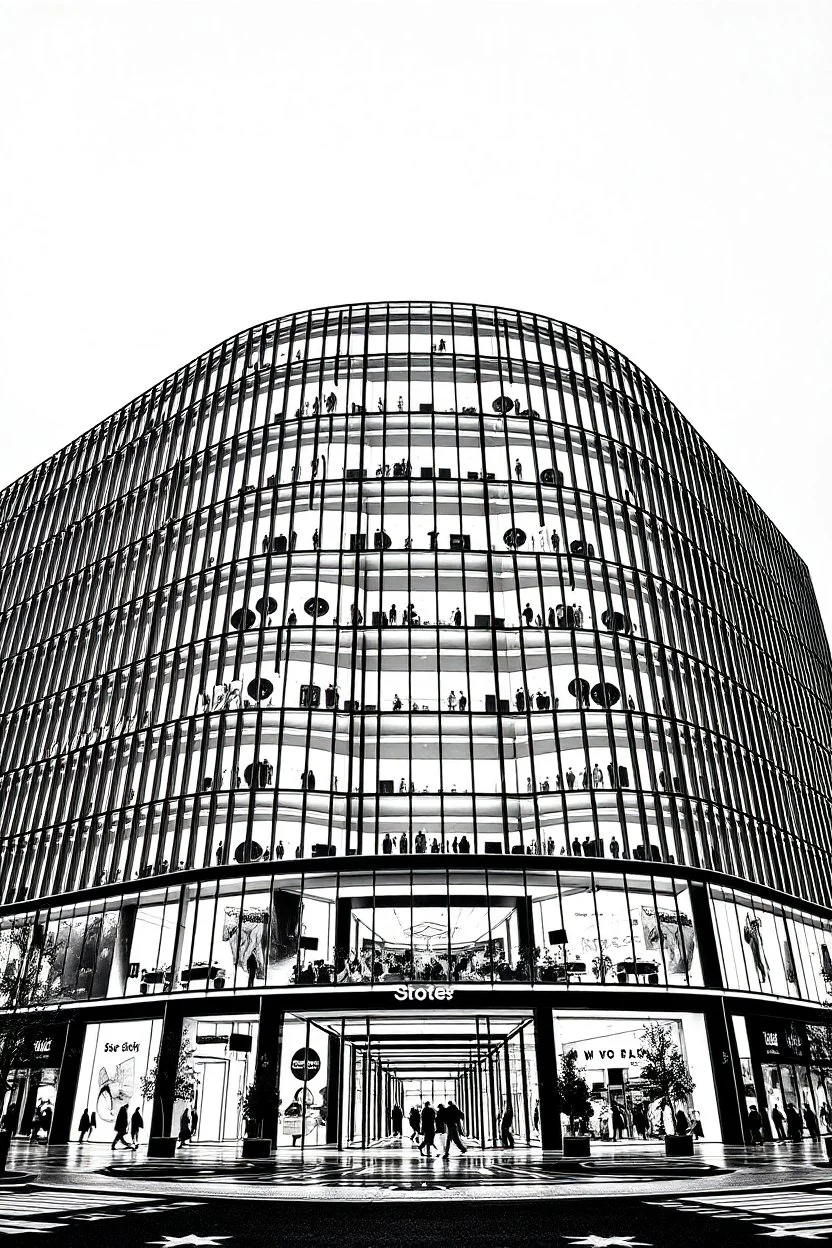 frontal view, black and white outline of modern, 30 story shopping mall