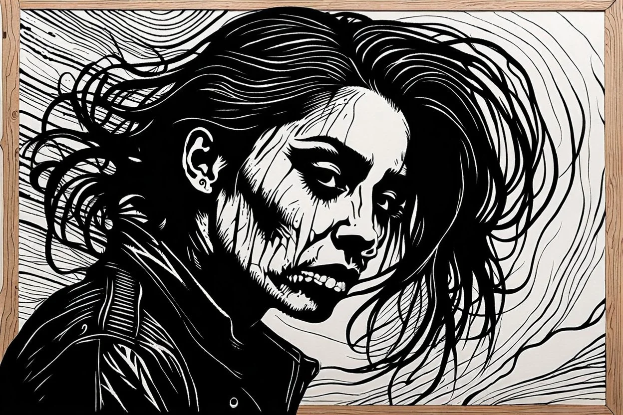 create an abstract, deeply powerful tragic and evocative, full body woodcut of a raw and weathered gothpunk female with highly detailed facial features, lost in a horrific post apocalyptic world, in the style of KATHE KOLLWITZ , searing lines and forceful strokes