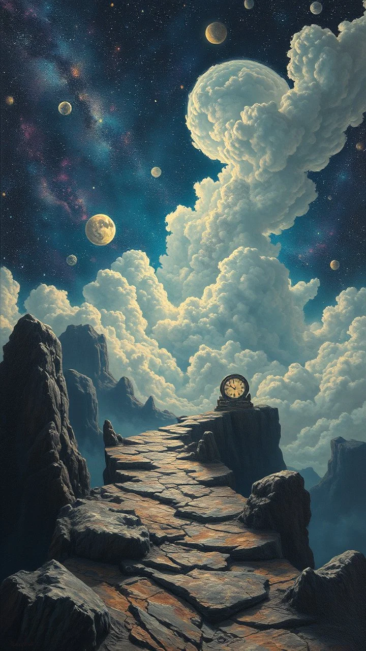 A journey Back in time through a Time Machine in the parallel universe among the galaxies and the stars a big clouds of gas covering the sky from a distance Busch painting style nightmare