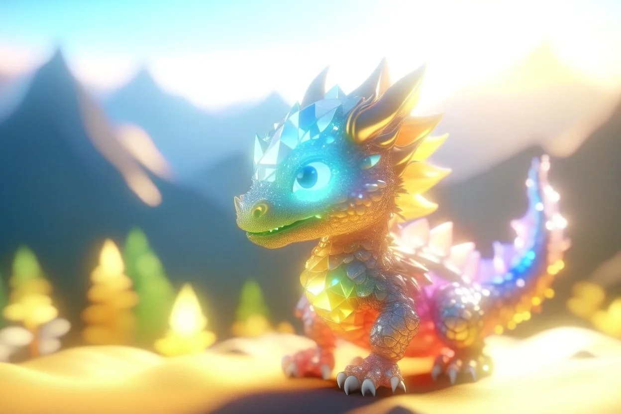 cute chibi anime little dragon, holographic, transparent sparkling crystal mountains in sunshine, ethereal, cinematic postprocessing, bokeh, dof