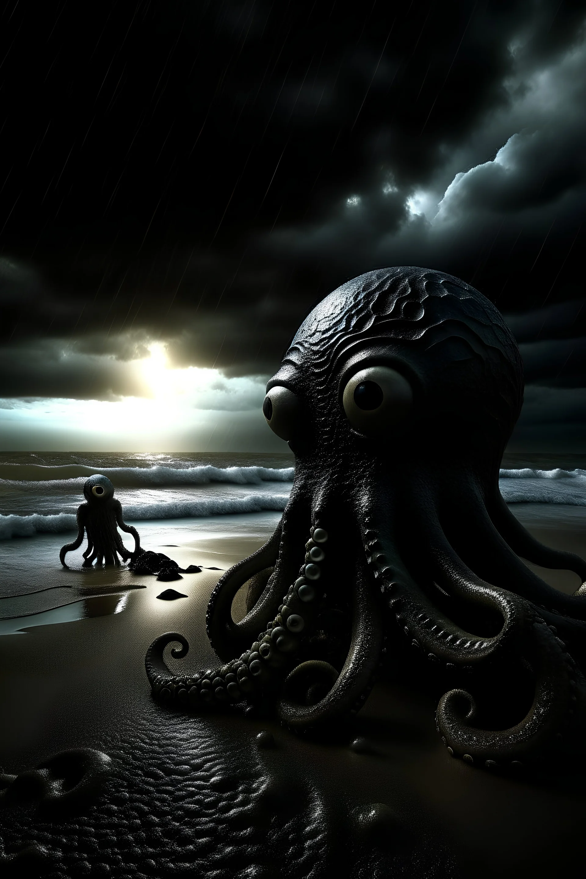 Digital art, high quality, digital masterpiece, natural illumination, stormy day, spotlight, realistic, film style, beautiful, (full body:3), (1 large tentacke emerging out if the sand:3), (multiple eyes:1.8), (crazy eyes:1.6), black tentacle, dark tones, sad beach, rainy